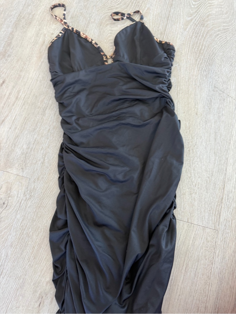 Black Ruched Maxi Dress Animal Print Straps Bodycon Vacation Resort Glam